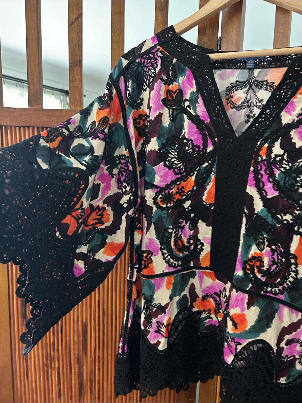 Democracy Floral V-Neck Tunic with Black Crochet Trim in Purple, Orange & Green - Picture 10 of 16